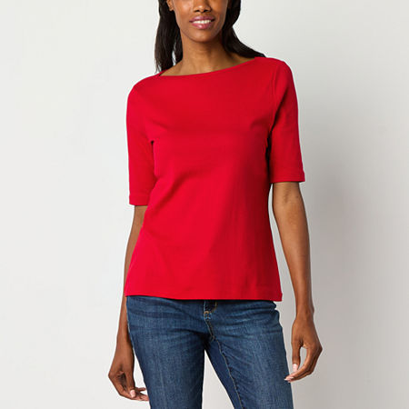 St. John's Bay Womens Boat Neck Elbow Sleeve Blouse, Large, Red