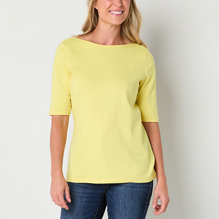 St. John's Bay Womens Boat Neck Elbow Sleeve Blouse, Medium, Yellow