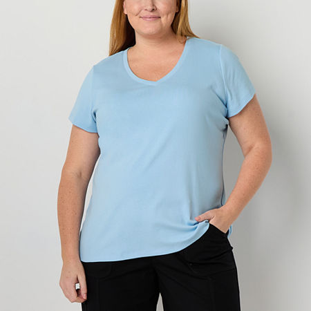 St. John's Bay Womens Plus V Neck Short Sleeve T-Shirt, 2x, Blue