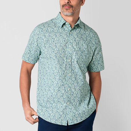 St. John's Bay Stretch Poplin Mens Classic Fit Short Sleeve Button-Down Shirt, Small, Blue