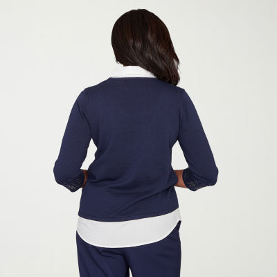 Alfred Dunner Saratoga Springs Womens 3/4 Sleeve Layered Sweater