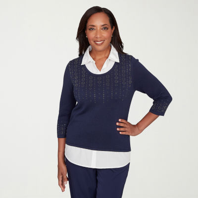 Alfred Dunner Saratoga Springs Womens 3/4 Sleeve Layered Sweater