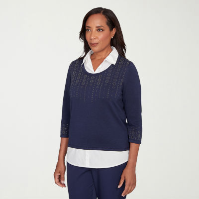 Alfred Dunner Saratoga Springs Womens 3/4 Sleeve Layered Sweater