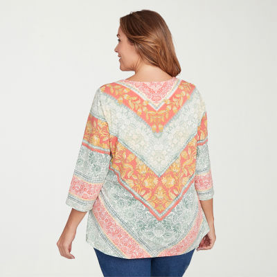 Alfred Dunner Vienna Womens Plus V Neck 3/4 Sleeve T-Shirt