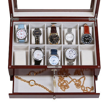 Mele and Co Christo Glass Top Walnut-Finish Watch Box