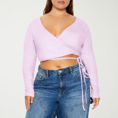 Forever 21 Womens V Neck Long Sleeve Juniors Plus Wrap Shirt