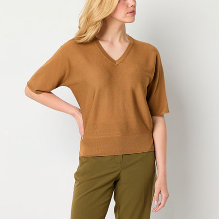 Worthington Womens V Neck Short Sleeve Pullover Sweater, X-small, Brown