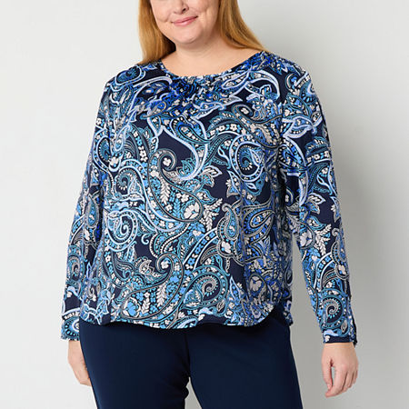 Liz Claiborne Plus Womens Round Neck Long Sleeve Satin Blouse, 3x, Blue