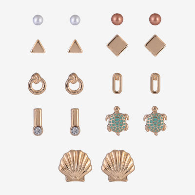 Arizona Gold Tone Turtle Shell Womens Simulated Pearl 9 Pair Earring Set