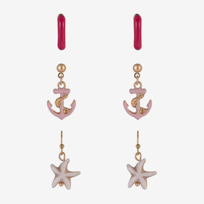 Arizona Gold Tone Starfish Womens Anchor 3 Pair Earring Set