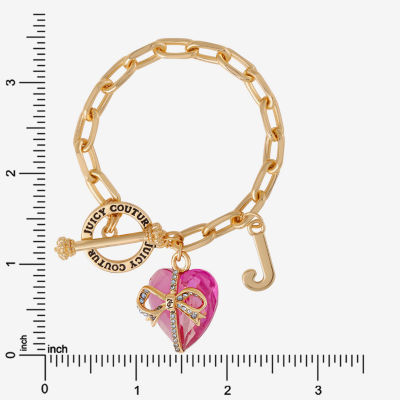 Juicy By Juicy Couture Gold Tone Toggle Womens Pink Crystal Bow Heart Charm Bracelet