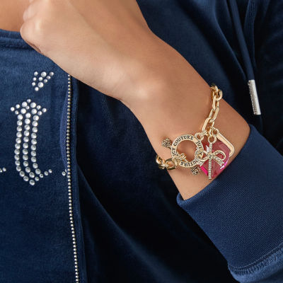 Juicy By Juicy Couture Gold Tone Toggle Womens Pink Crystal Bow Heart Charm Bracelet