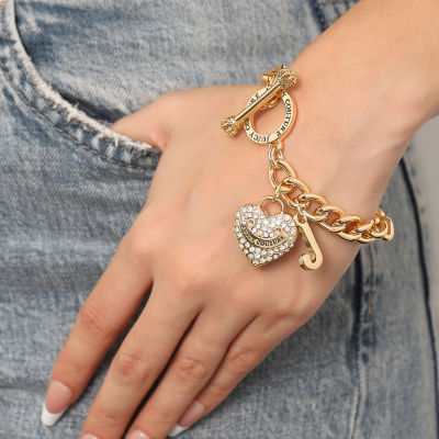 Juicy By Juicy Couture Gold Tone Toggle Womens Crystal Heart Charm Bracelet