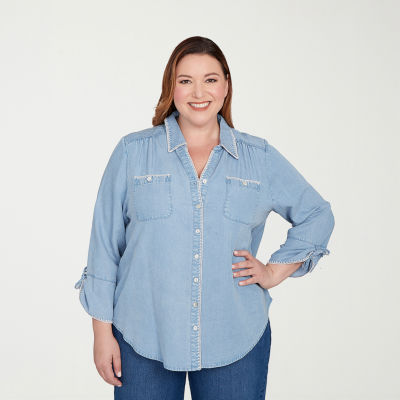 Alfred Dunner Hilton Head Womens Plus 3/4 Sleeve Button-Down Shirt