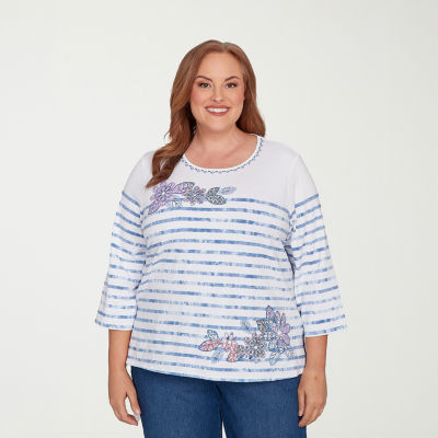 Alfred Dunner Hilton Head Womens Plus Crew Neck 3/4 Sleeve T-Shirt