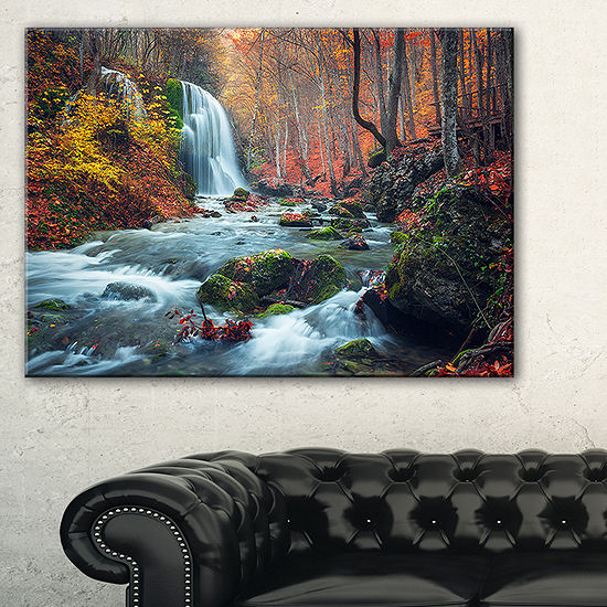 Designart Autumn Mountain Waterfall Long View Landscape Photography Canvas Print