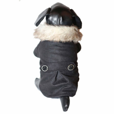 The Pet Life Buttoned 'Coast-Guard' Fashion Faux-Fur Collared Wool Pet Coat