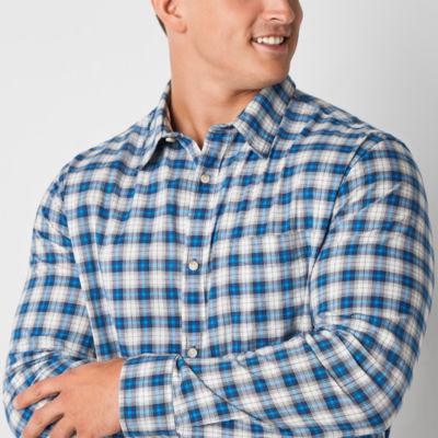 mutual weave Stretch Poplin Big and Tall Mens Easy-on + Easy-off Adaptive Regular Fit Long Sleeve Plaid Button-Down Shirt