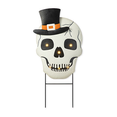 Glitzhome 38Lighted Metal Skull Yard Stake Halloween Yard Art, One Size, White