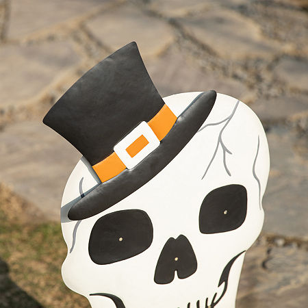 Glitzhome 38Lighted Metal Skull Yard Stake Halloween Yard Art, One Size, White