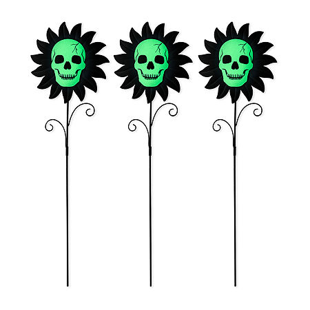 Glitzhome 24Metal Sunflower Skulls Yard Stake Halloween Yard Art, One Size, Black