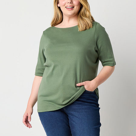 St. John's Bay Womens Plus Boat Neck Elbow Sleeve T-Shirt, 2x, Green