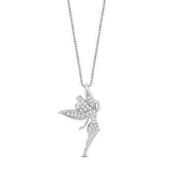 Enchanted Disney Fine Jewelry Womens 1/8 CT. T.W. Mined White Diamond  Sterling Silver Fairies Tinker Bell Pendant Necklace