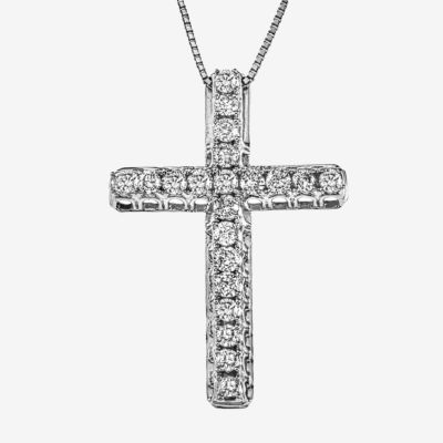 Womens 1/2 CT. T.W. Genuine White Diamond 14K White Gold Cross Pendant Necklace
