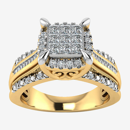 Womens 1/2 CT. T.W. Genuine Diamond 10K Gold Cushion Side Stone Halo Engagement Ring