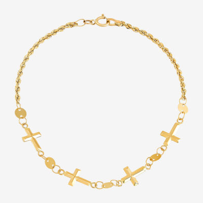 Womens 14K Gold Hollow Cross 7 Inch Link Bracelet