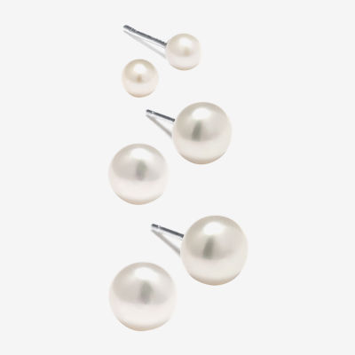 Silver Treasures Womens White Cultured Freshwater Pearl Sterling Silver Ball 3 Pair Earring Set