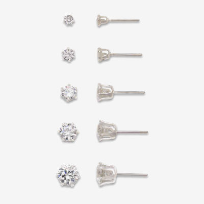 Mixit Hypoallergenic Silver Tone Stud 5 Pair Cubic Zirconia Round Earring Set