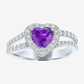 Womens Lab Created Purple Amethyst Sterling Silver Heart Halo Side Stone  Cocktail Ring