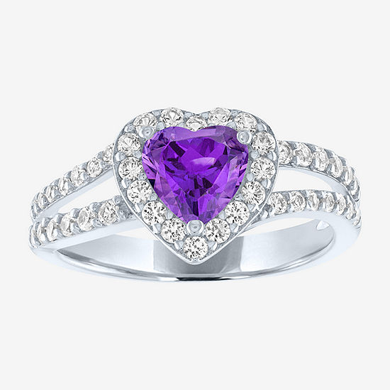 Womens Lab Created Purple Amethyst Sterling Silver Heart Halo Side Stone Cocktail Ring