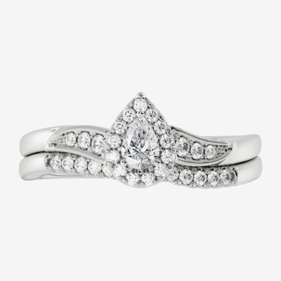 Womens CT. T.W. Mined White Diamond 10K White Gold Pear Side Stone Halo Bridal Set