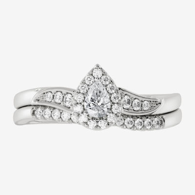 Womens CT. T.W. Natural White Diamond 10K White Gold Pear Side Stone Halo Bridal Set