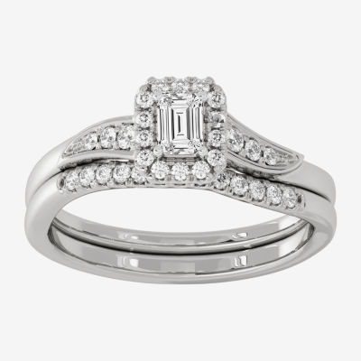 Womens 1/3 CT. T.W. Natural White Diamond 10K White Gold Side Stone Halo Bridal Set