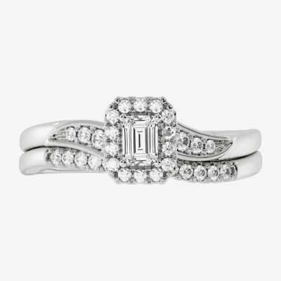 Womens 1/3 CT. T.W. Natural White Diamond 10K White Gold Side Stone Halo Bridal Set
