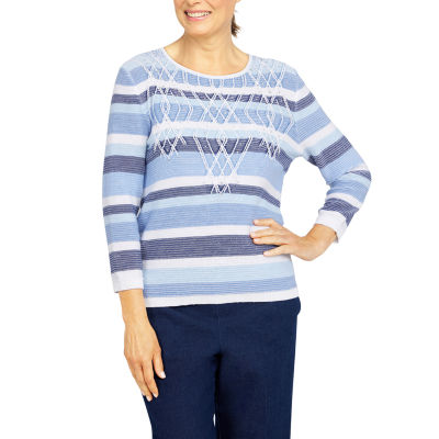 Alfred Dunner Shenandoah Valley Womens Crew Neck 3/4 Sleeve Striped  Pullover Sweater