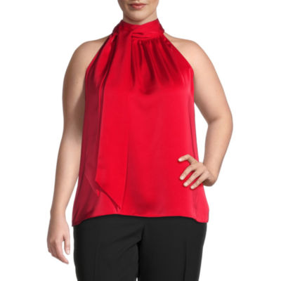 Worthington Womens Plus Halter Neck Sleeveless Satin Blouse, Color
