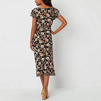 Perceptions Short Sleeve Floral Midi Fit + Flare Dress, Color