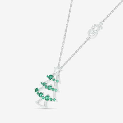 Christmas Tree Womens Lab Created Green Emerald Sterling Silver Pendant Necklace