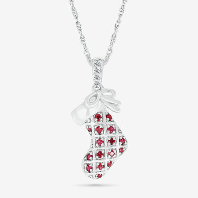Stocking Womens Lab Created Red Ruby Sterling Silver Pendant Necklace