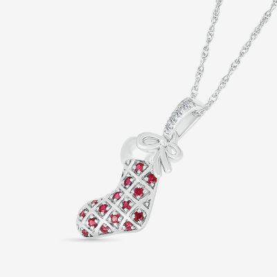 Stocking Womens Lab Created Red Ruby Sterling Silver Pendant Necklace