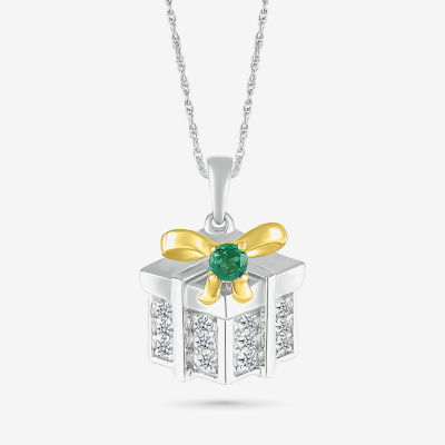 Christmas Present Womens Lab Created Green Emerald 10K Two Tone Gold Over Silver Pendant Necklace