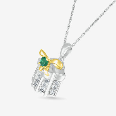 Christmas Present Womens Lab Created Green Emerald 10K Two Tone Gold Over Silver Pendant Necklace