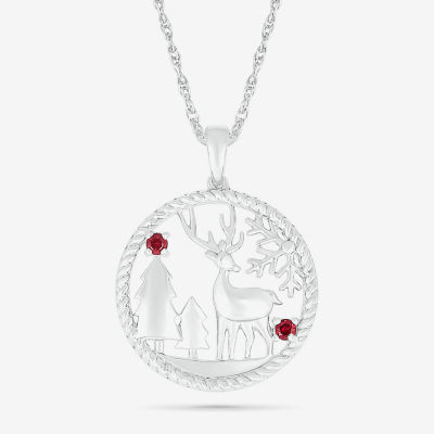 Reindeer Womens Lab Created Red Ruby Sterling Silver Circle Pendant Necklace