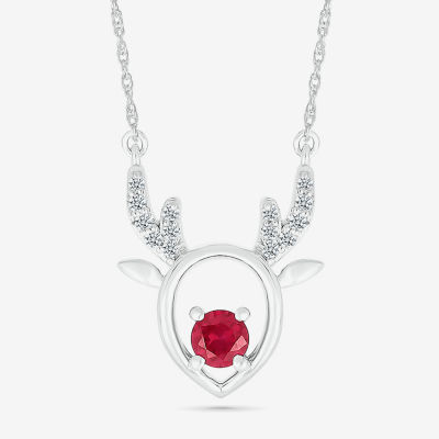 Reindeer Womens Lab Created Red Ruby Sterling Silver Pendant Necklace
