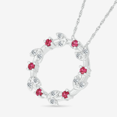 Christmas Wreath Womens Lab Created Red Ruby Sterling Silver Circle Pendant Necklace