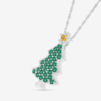 Christmas Tree Womens Lab Created Green Emerald Sterling Silver Pendant Necklace